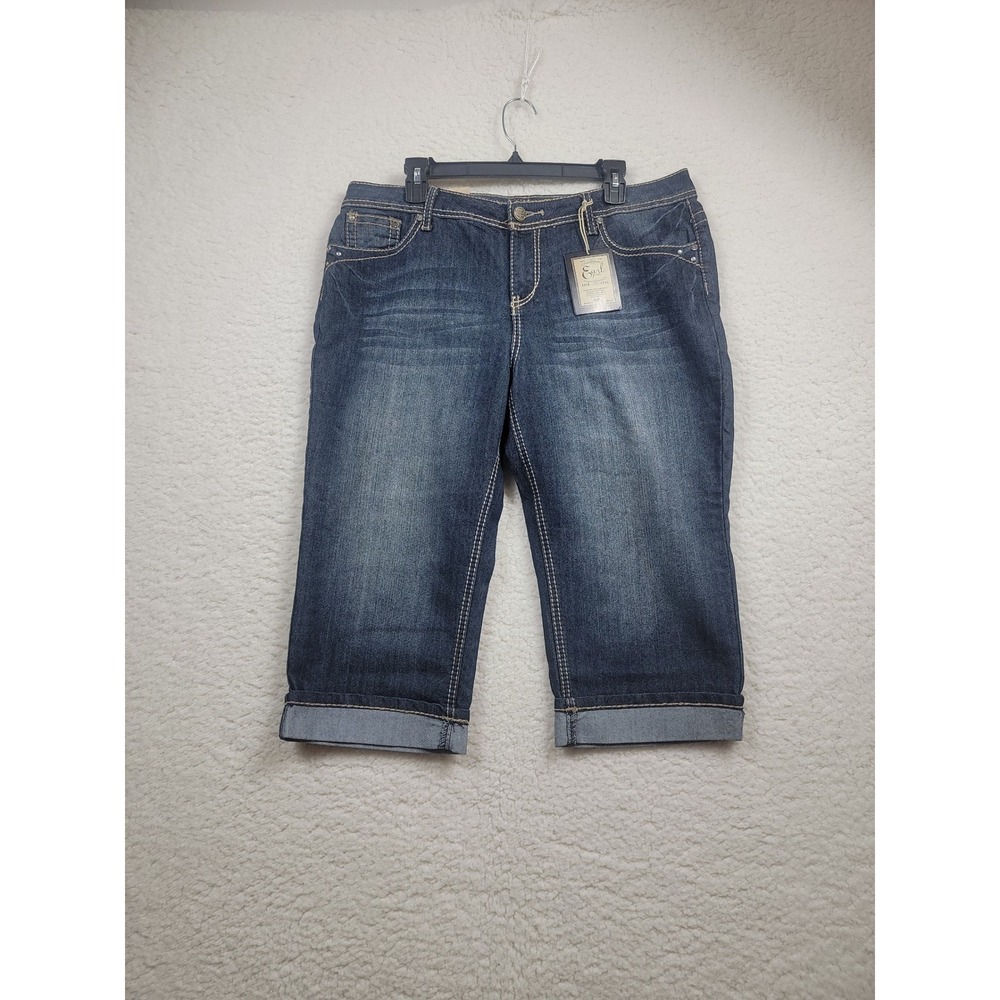 Earl Jean Capri Jeans Womens 16P Blue Dark Wash Rhinestone Cross Embellished New